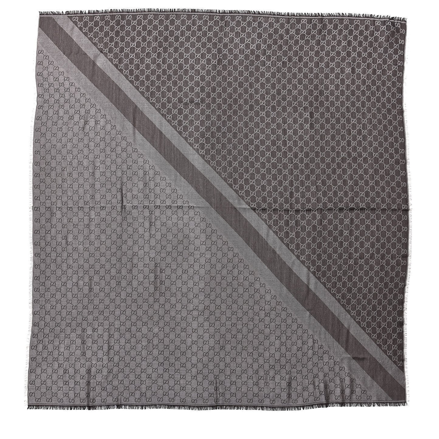 Wool Silk Monogram GGWeb Fringe Shawl Pearl Medium Grey