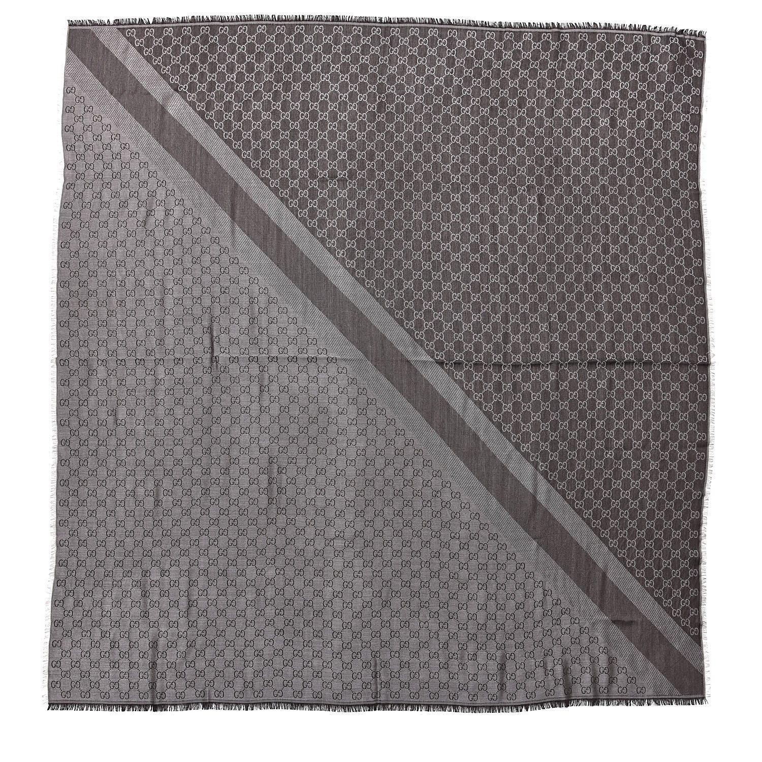 Gucci Wool Silk Monogram GGWeb Fringe Shawl Pearl Medium Grey 1 of 3