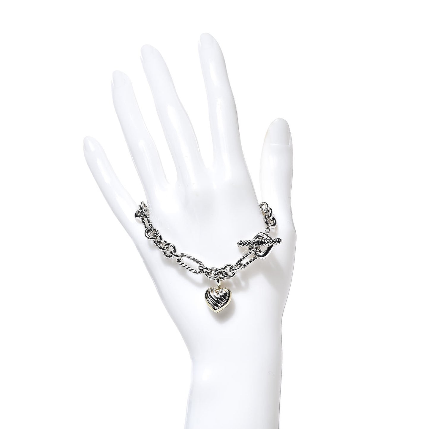 Sterling Silver 18K Yellow Gold Cable Heart Charm Bracelet