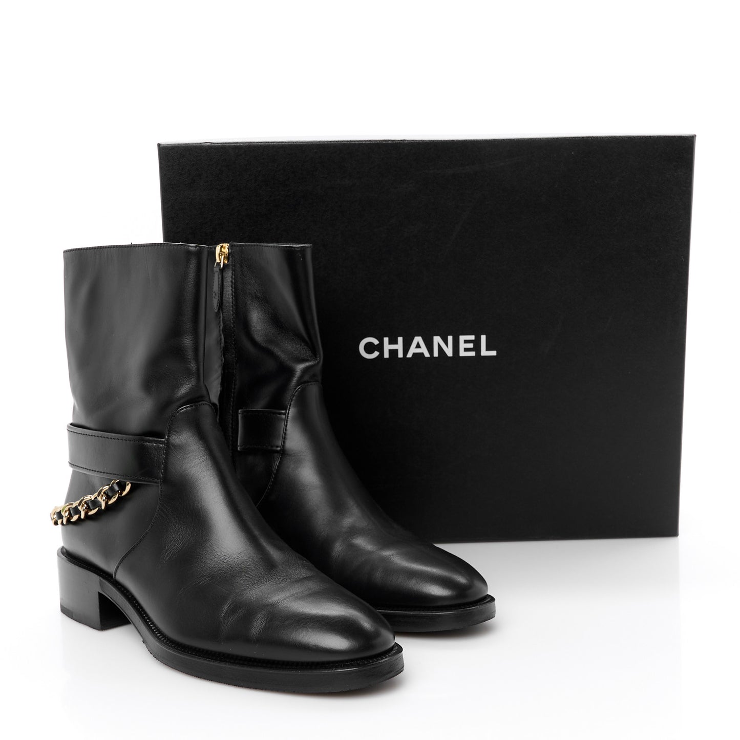 Calfskin Chain Short Boots 40 Black