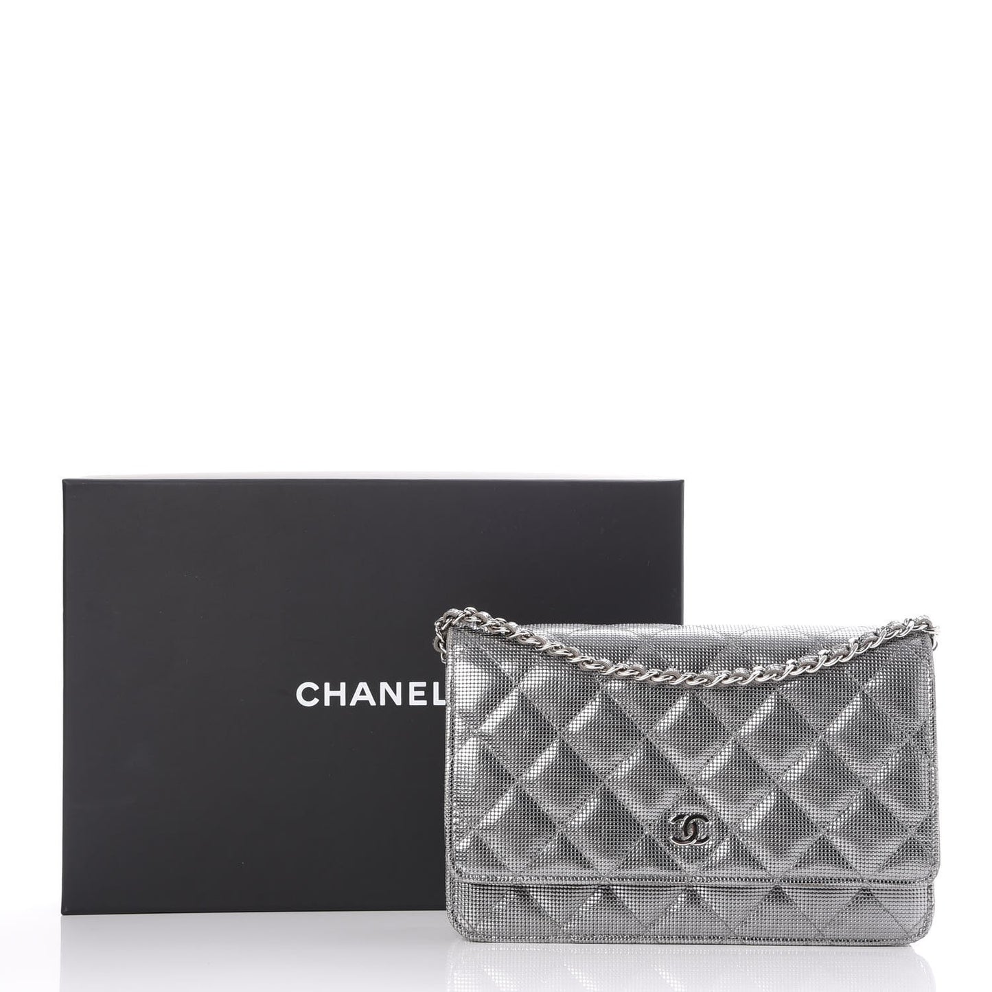 Metallic Calfskin Quilted Pixel Effect Wallet on Chain WOC Silver