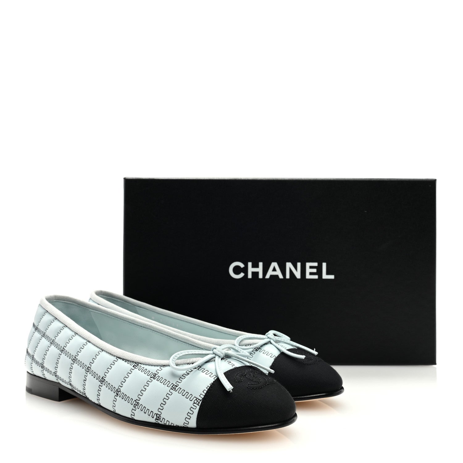 Chanel Lambskin Embroidered Grosgrain Cap Toe CC Ballerina Flats 37 Light Blue Black 9 of 9