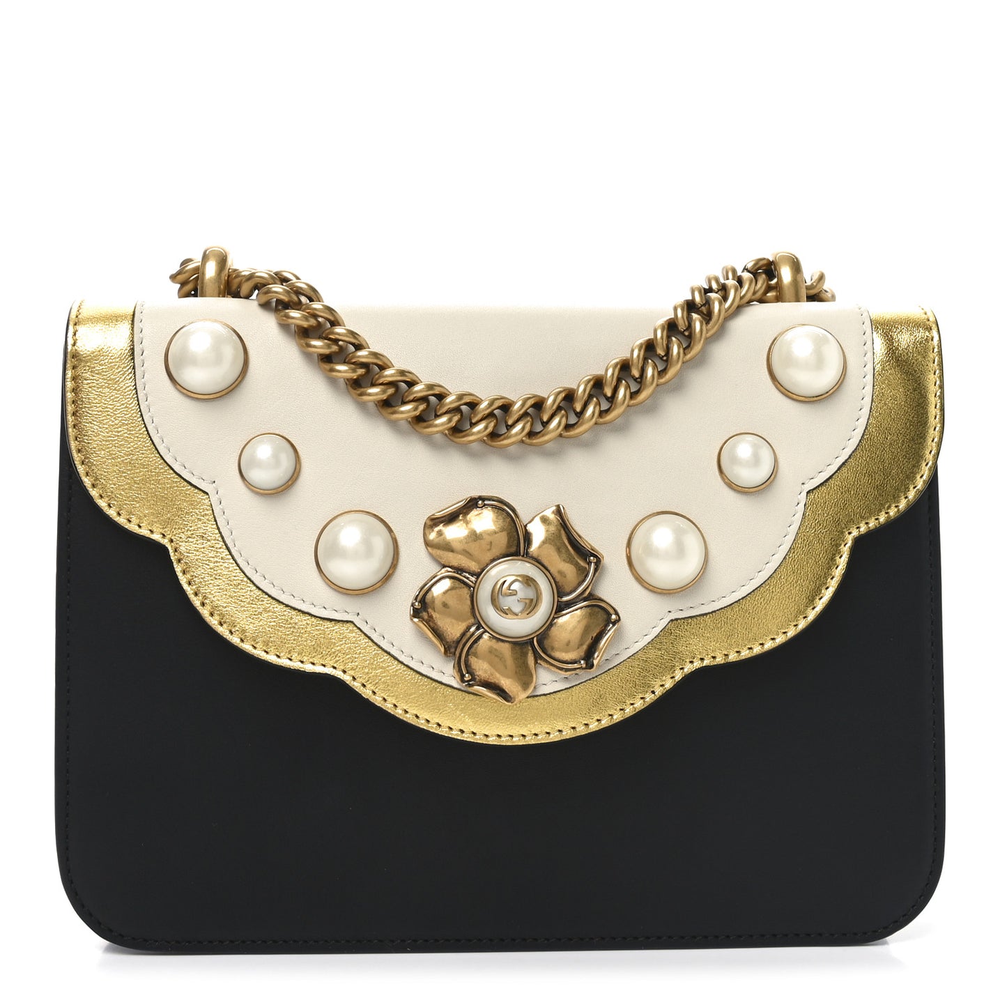 Calfskin Peony Medium Chain Shoulder Bag Black