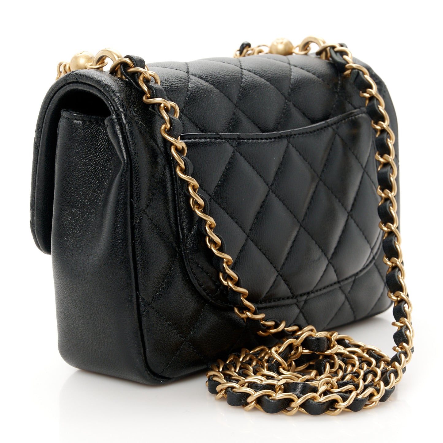 Shiny Lambskin Quilted Pearl Twist Mini Square Flap Black