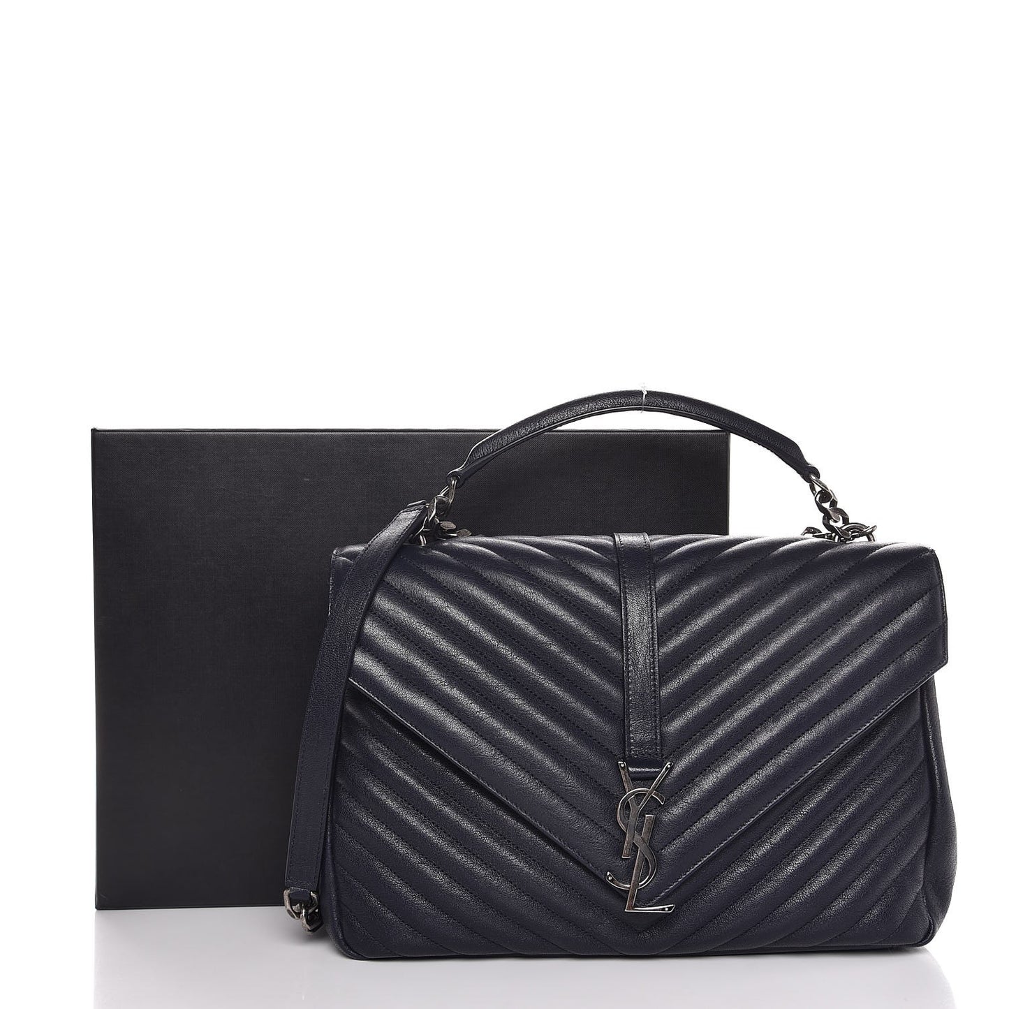 Sheepskin Matelasse Chevron Monogram Large College Satchel Navy Blue