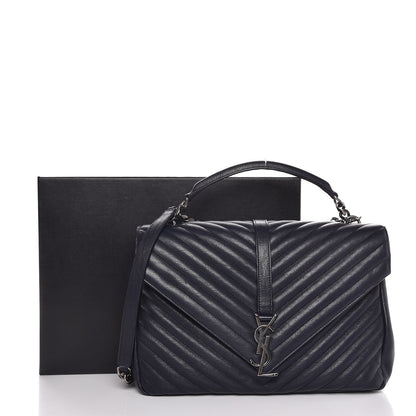 Saint Laurent Sheepskin Matelasse Chevron Monogram Large College Satchel Navy Blue 10 of 10