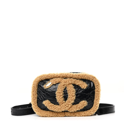 Chanel Shiny Crumpled Sheepskin Shearling Waist Bag Black Beige 1 of 10
