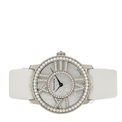 Tiffany 18K White Gold Satin Diamond Mother of Pearl 26mm Atlas Round Cocktail Quartz Watch 2 of 4