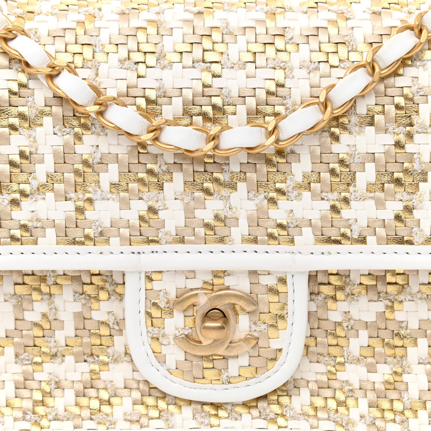 Chanel Metallic Lambskin Viscose Woven Flap Gold White 8 of 11