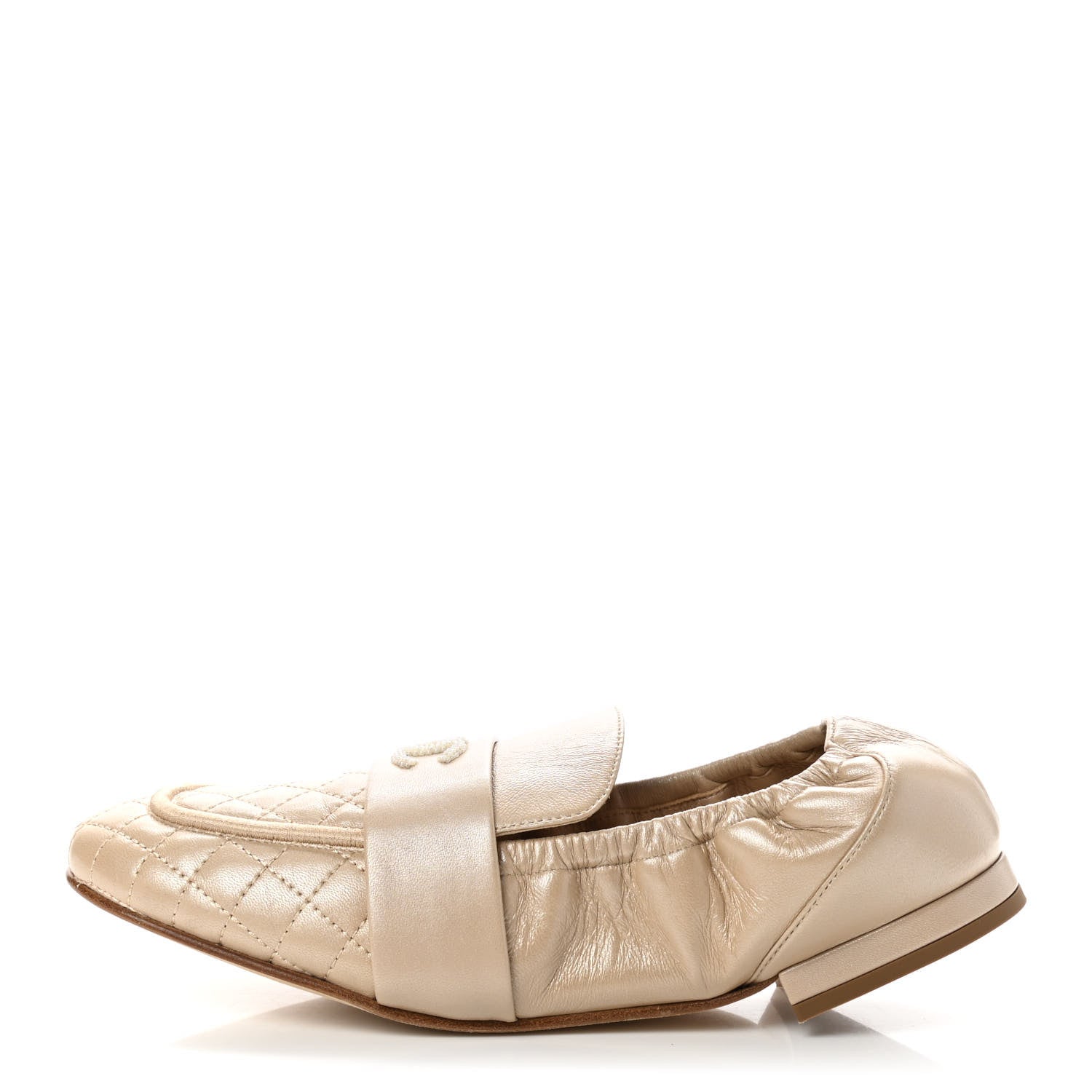 Chanel Laminated Lambskin Womens Quilted Elastic CC Moccasin Loafers 39.5 Beige 1 of 7
