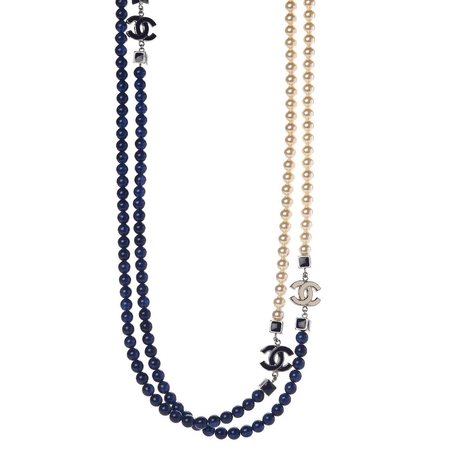 Pearl Bead Enamel CC Long Necklace Pearly White Blue