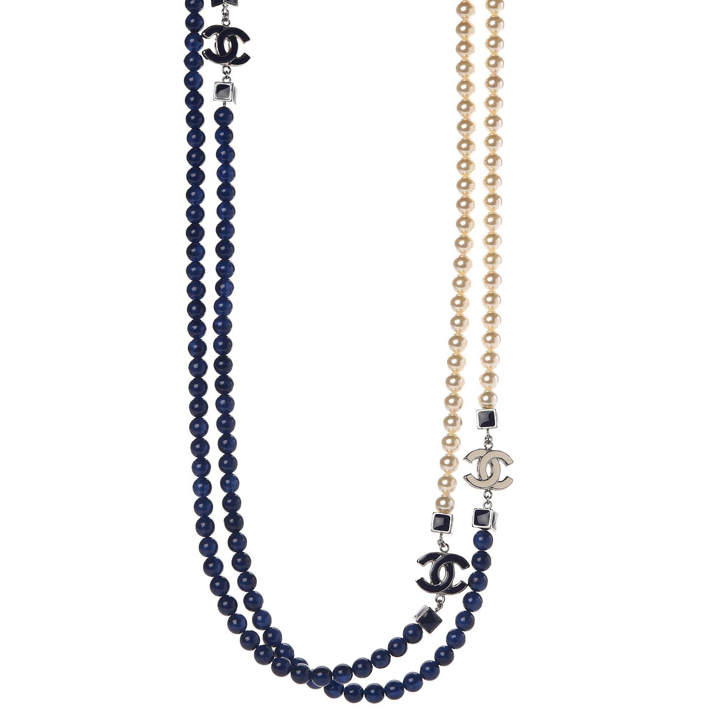 Chanel Pearl Bead Enamel CC Long Necklace Pearly White Blue 1 of 6