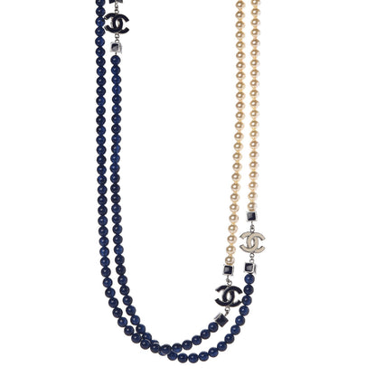Chanel Pearl Bead Enamel CC Long Necklace Pearly White Blue 1 of 6