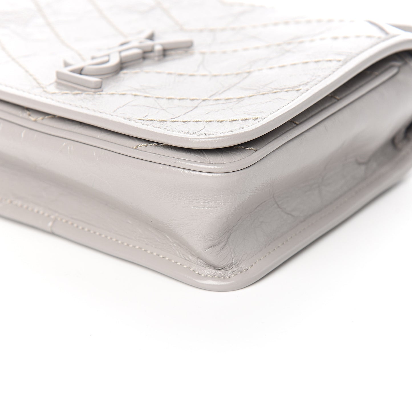 Crinkled Calfskin Matelasse Monogram Niki Chain Wallet Light Grey