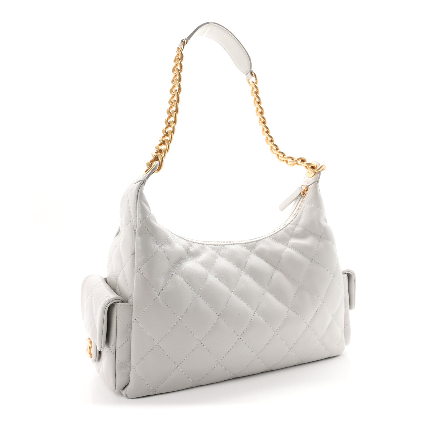 Shiny Lambskin Quilted Large Trendy Pockets Hobo Light Grey