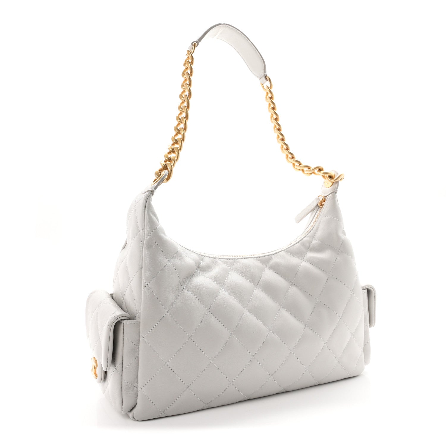 Chanel Shiny Lambskin Quilted Large Trendy Pockets Hobo Light Grey 3 of 11