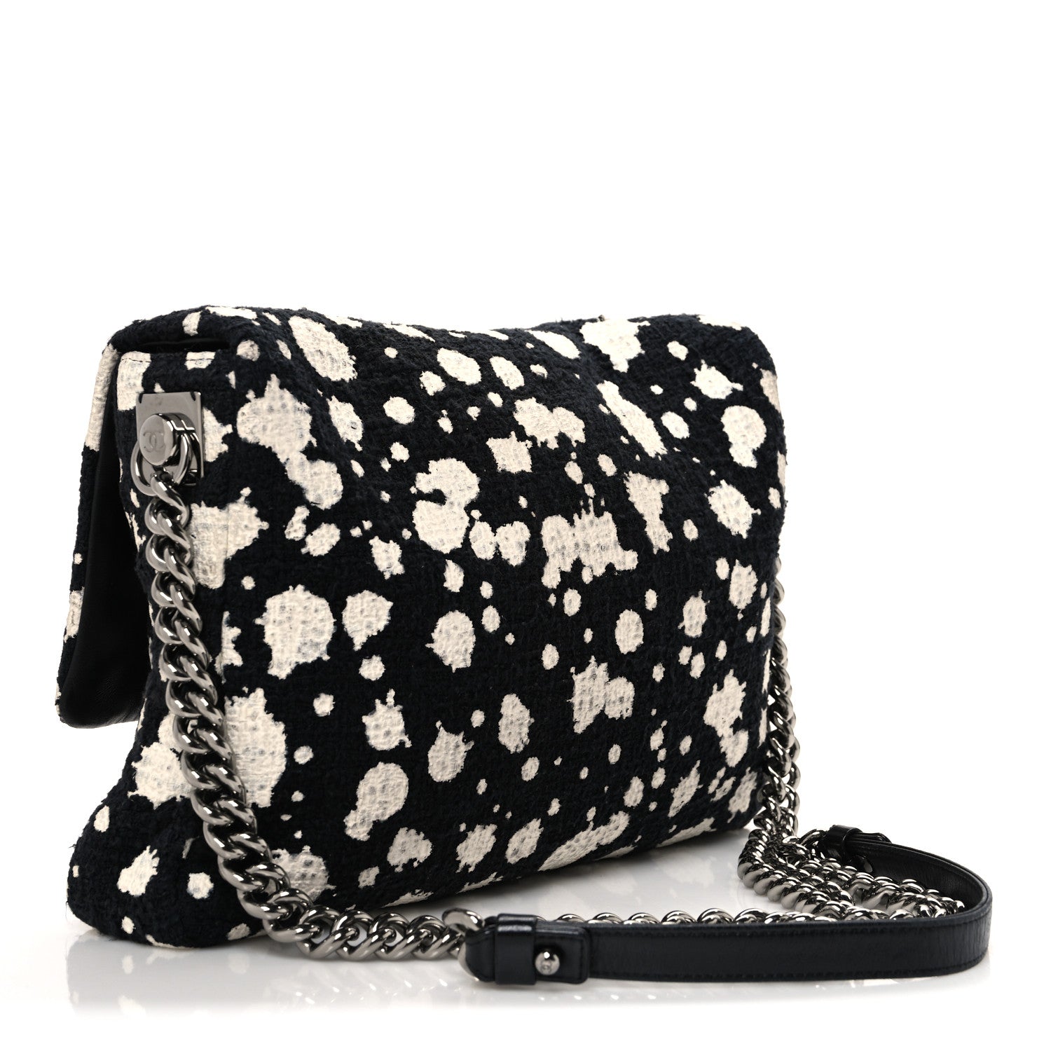 Chanel Tweed Paint Splatter Print Flap Black White 3 of 10