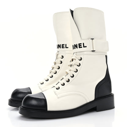 Chanel Calfskin Lace Up Logo Mid Calf Combat Boots 39.5 White Black 3 of 6