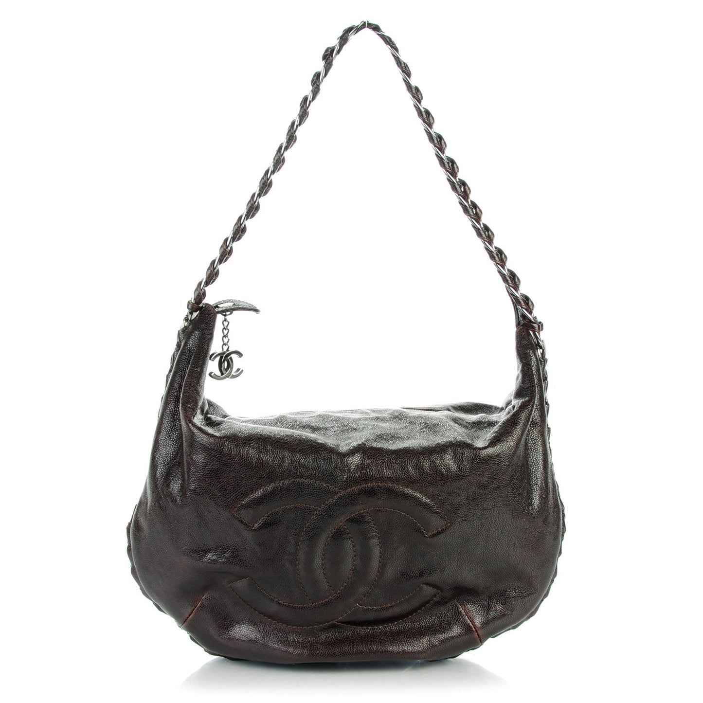Glazed Caviar Modern Chain Hobo Brown