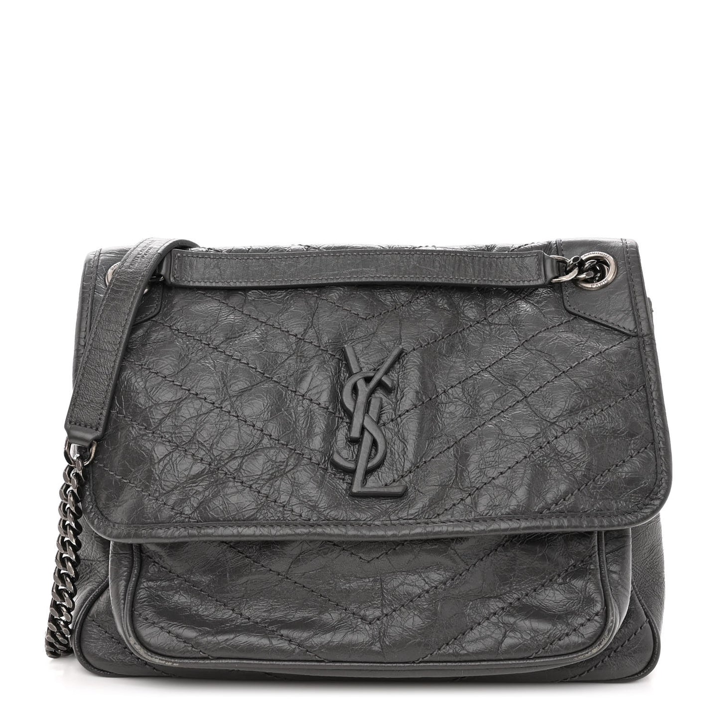 Crinkled Calfskin Matelasse Monogram Medium Niki Chain Satchel Fog