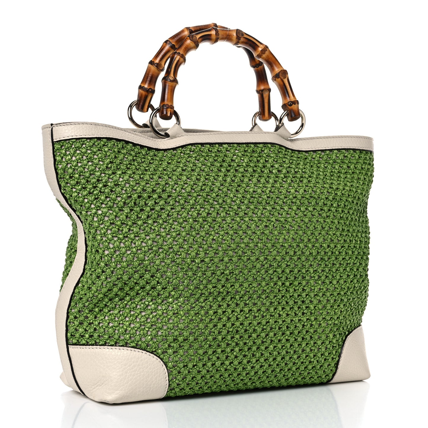 Straw Calfskin Bamboo Shopper Tote Green