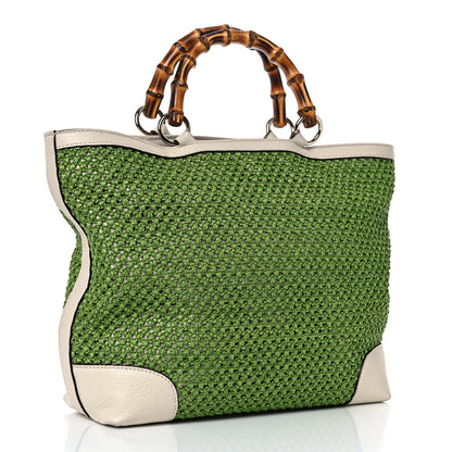Gucci Straw Calfskin Bamboo Shopper Tote Green 3 of 17