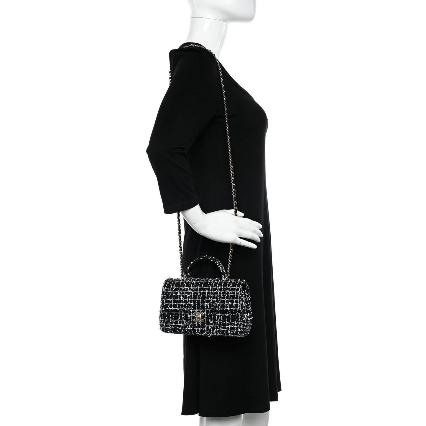 Tweed Quilted Mini Top Handle Rectangular Flap Black White