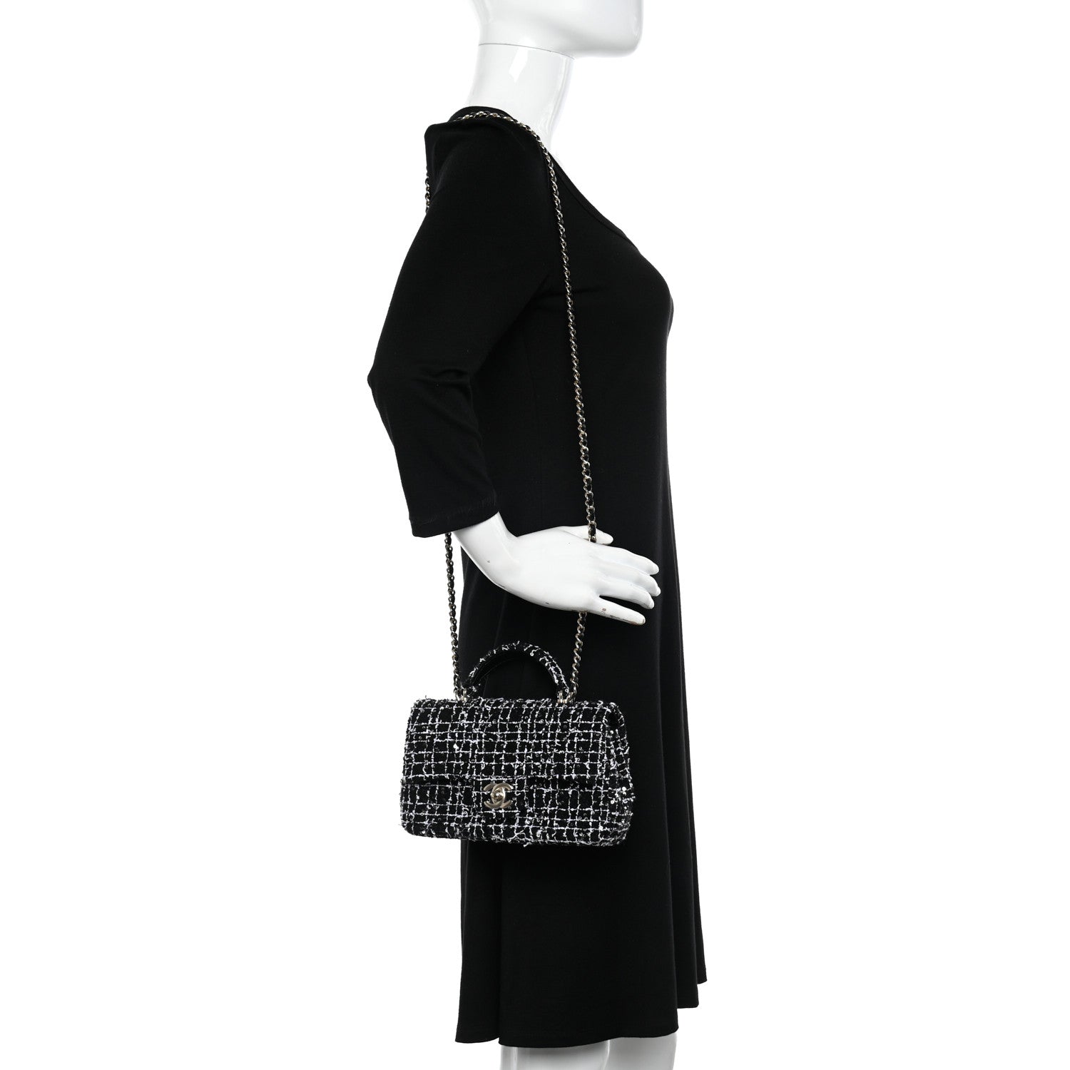 Chanel Tweed Quilted Mini Top Handle Rectangular Flap Black White 2 of 10