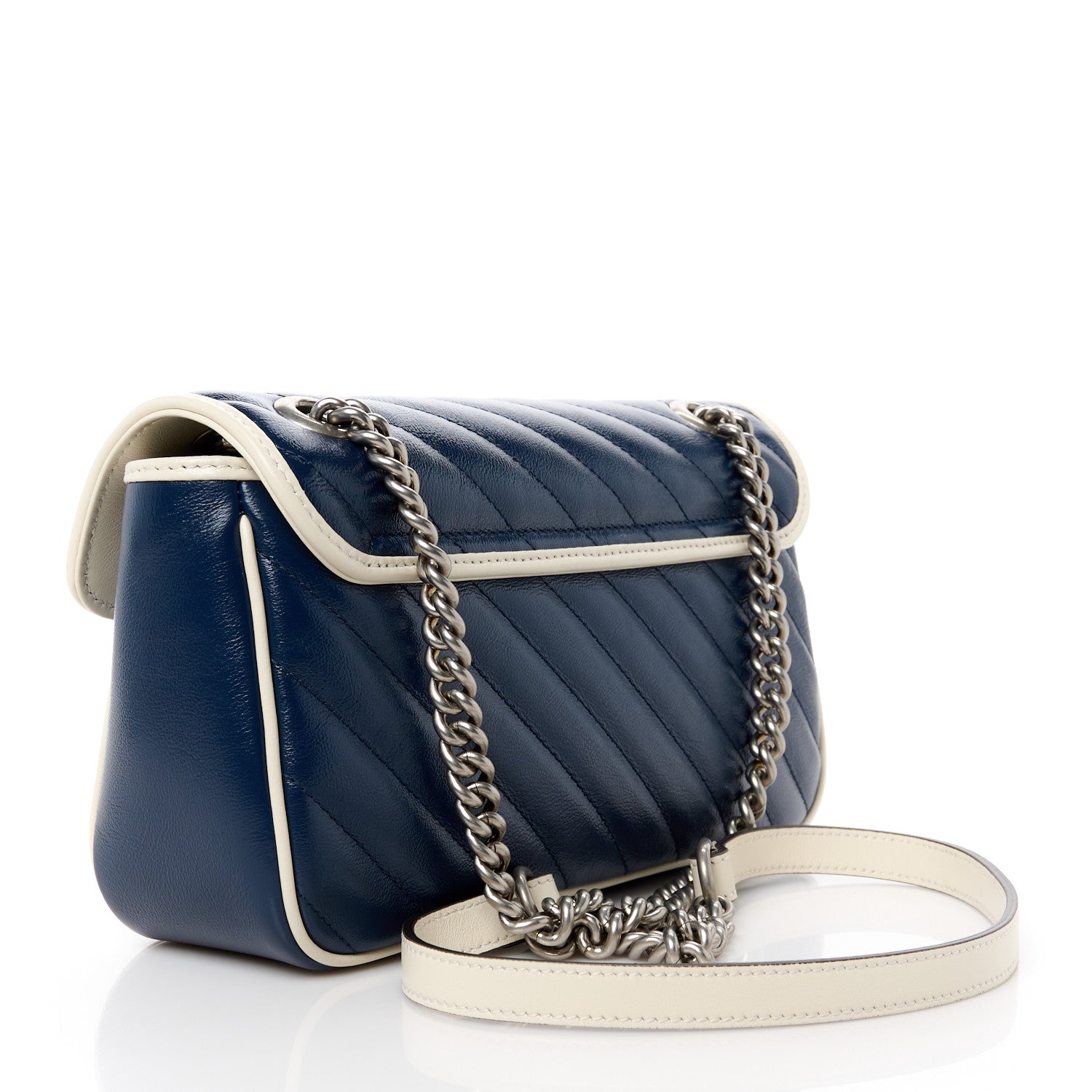 Gucci Vintage Effect Calfskin Matelasse Diagonal Small Torchon GG Marmont Shoulder Bag Blue Agata Mystic White 3 of 11