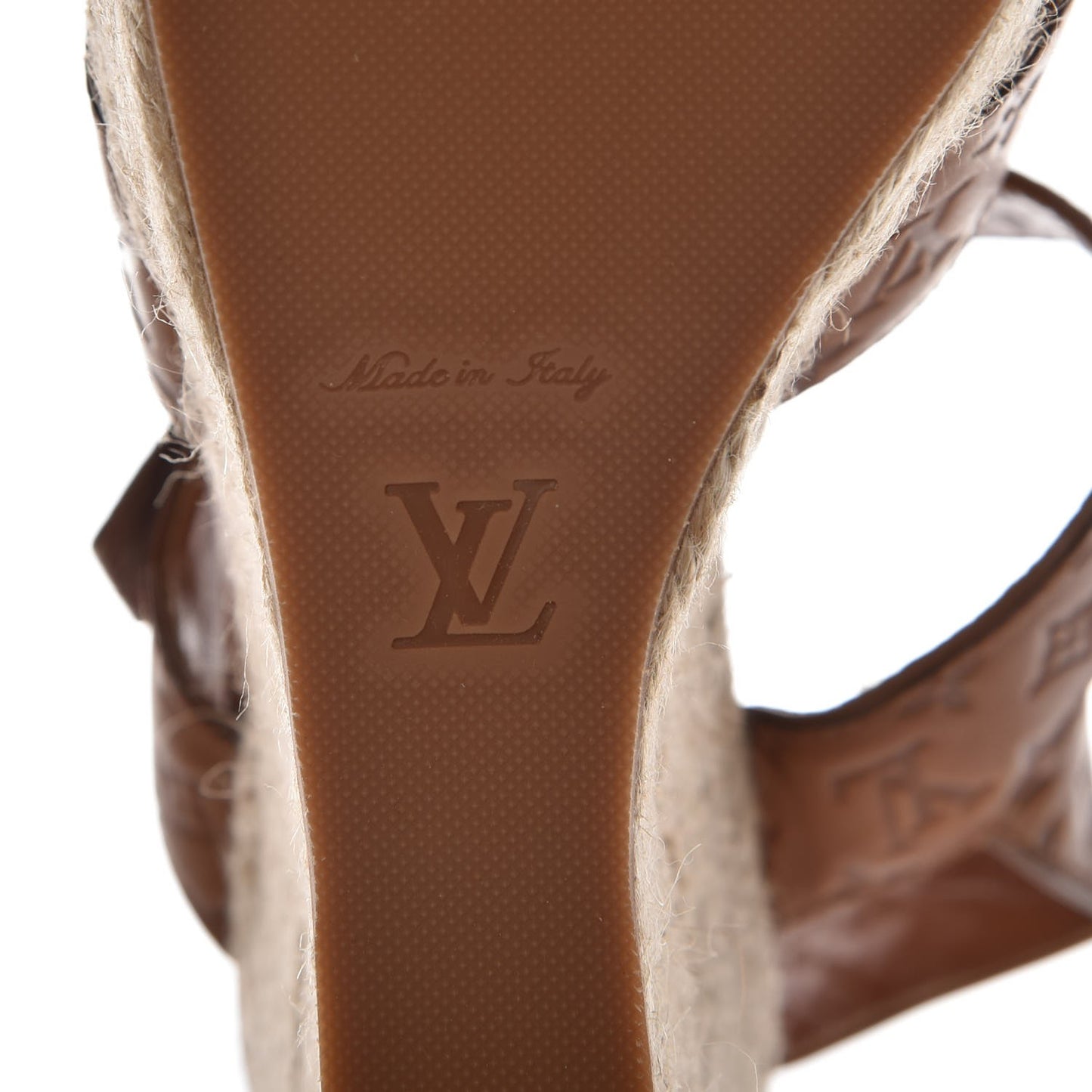 LOUIS VUITTONCalfskin Monogram Espadrille Wedge Sandals 36 Cognac