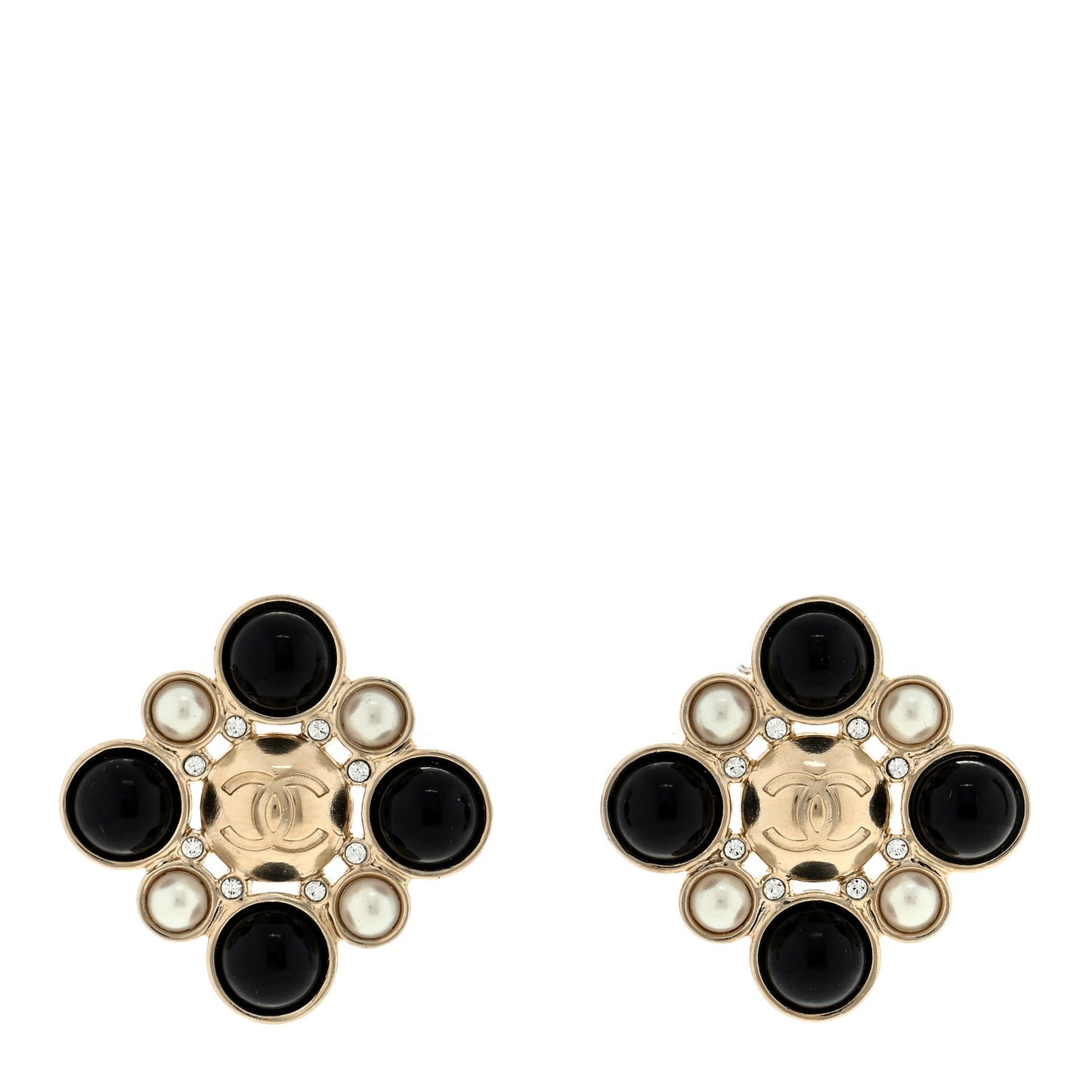 Gripoix Poured Glass Pearl Crystal CC Earrings Gold Black