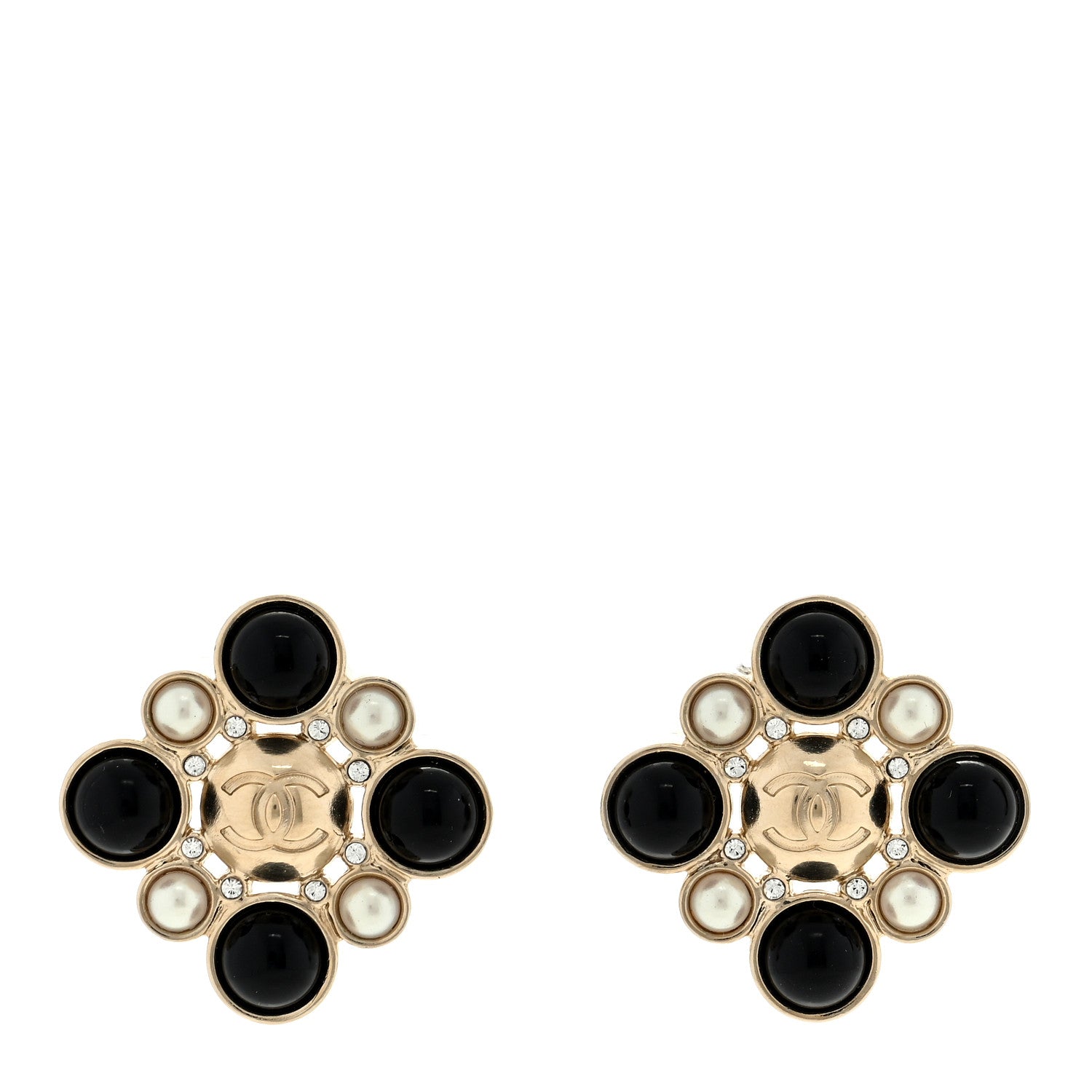 Chanel Gripoix Poured Glass Pearl Crystal CC Earrings Gold Black 1 of 4