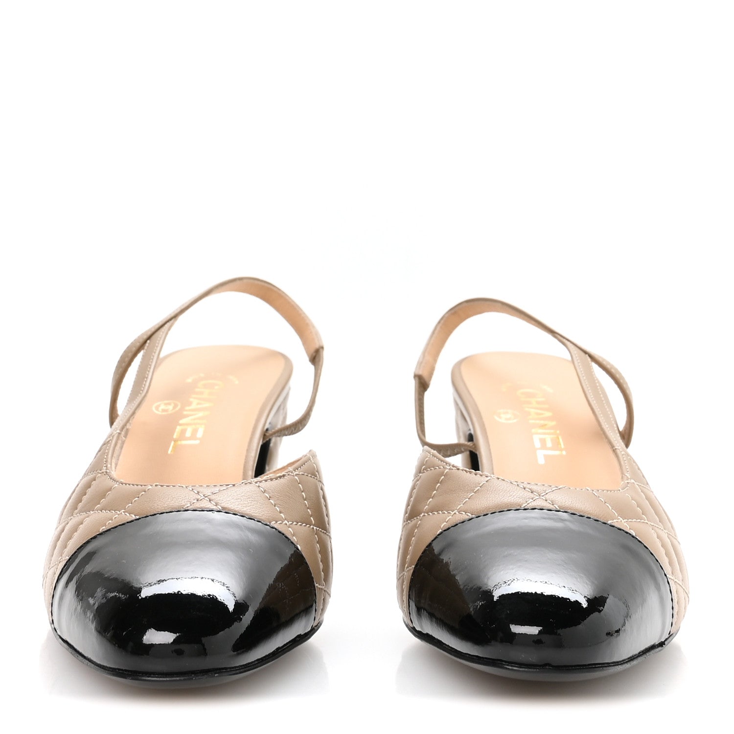 Chanel Lambskin Patent Calfskin Quilted Cap Toe CC Slingback Pumps 39.5 Beige Black 3 of 9