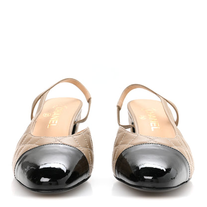 Chanel Lambskin Patent Calfskin Quilted Cap Toe CC Slingback Pumps 39.5 Beige Black 3 of 9