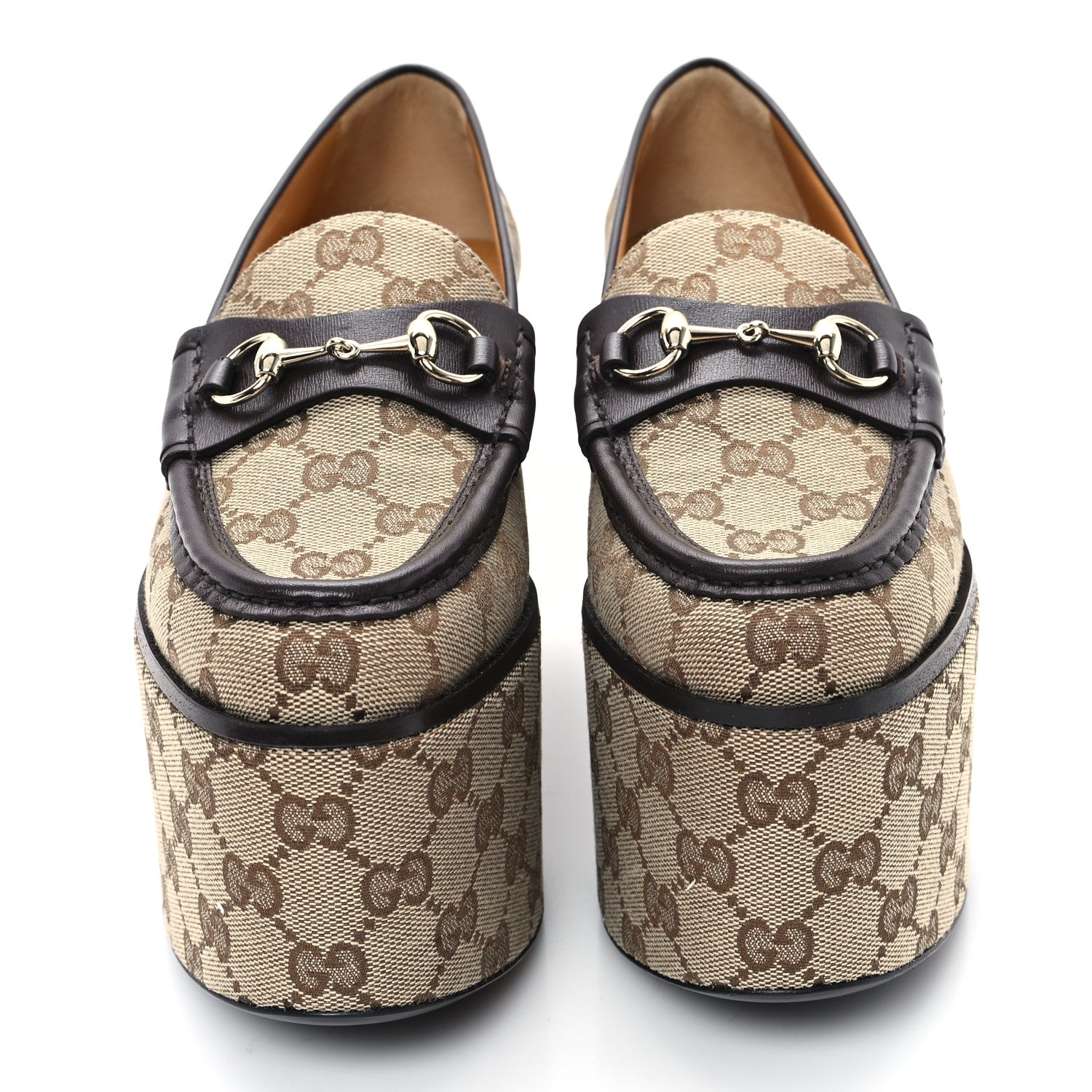 Gucci Canvas GG Monogram Horsebit Calfskin Womens Horsebit Platform Loafers 37 Beige Ebony 3 of 10