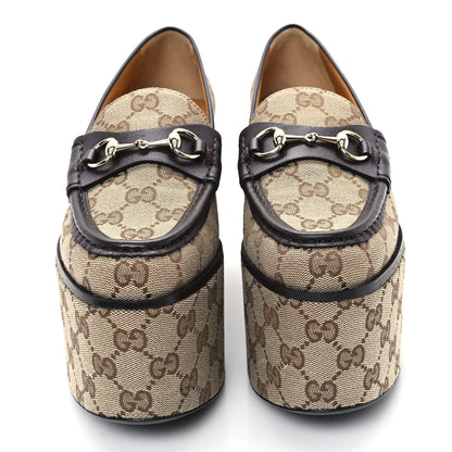 Gucci Canvas GG Monogram Horsebit Calfskin Womens Horsebit Platform Loafers 37 Beige Ebony 3 of 10