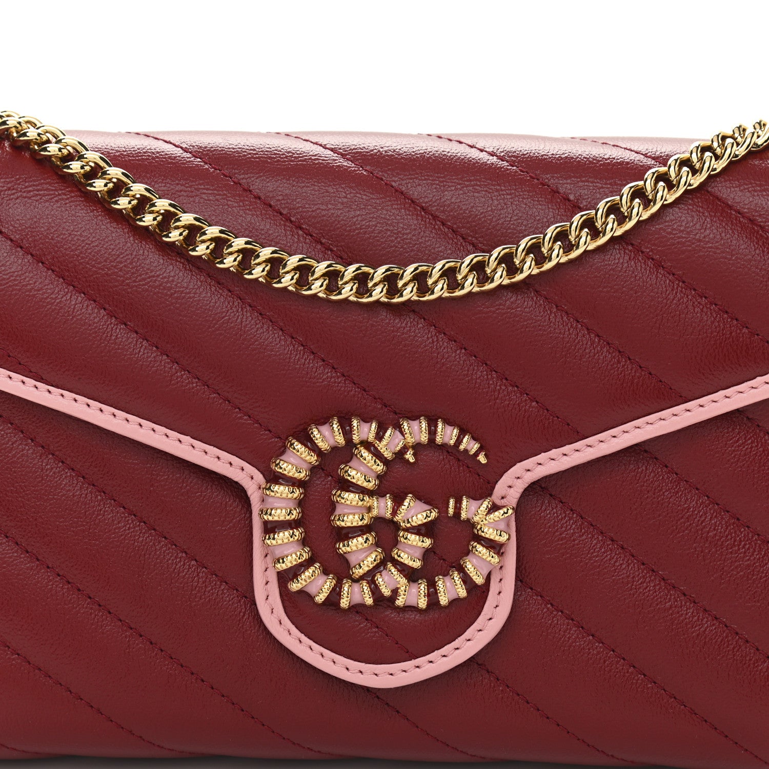 Gucci Azalea Calfskin Enamel Matelasse Diagonal Torchon GG Marmont Chain Wallet New Cherry Red Wild Rose 8 of 11