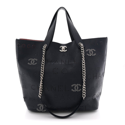 Chanel Calfskin Tweed Small Logo Eyelets Shopping Tote Navy Blue 1 of 12