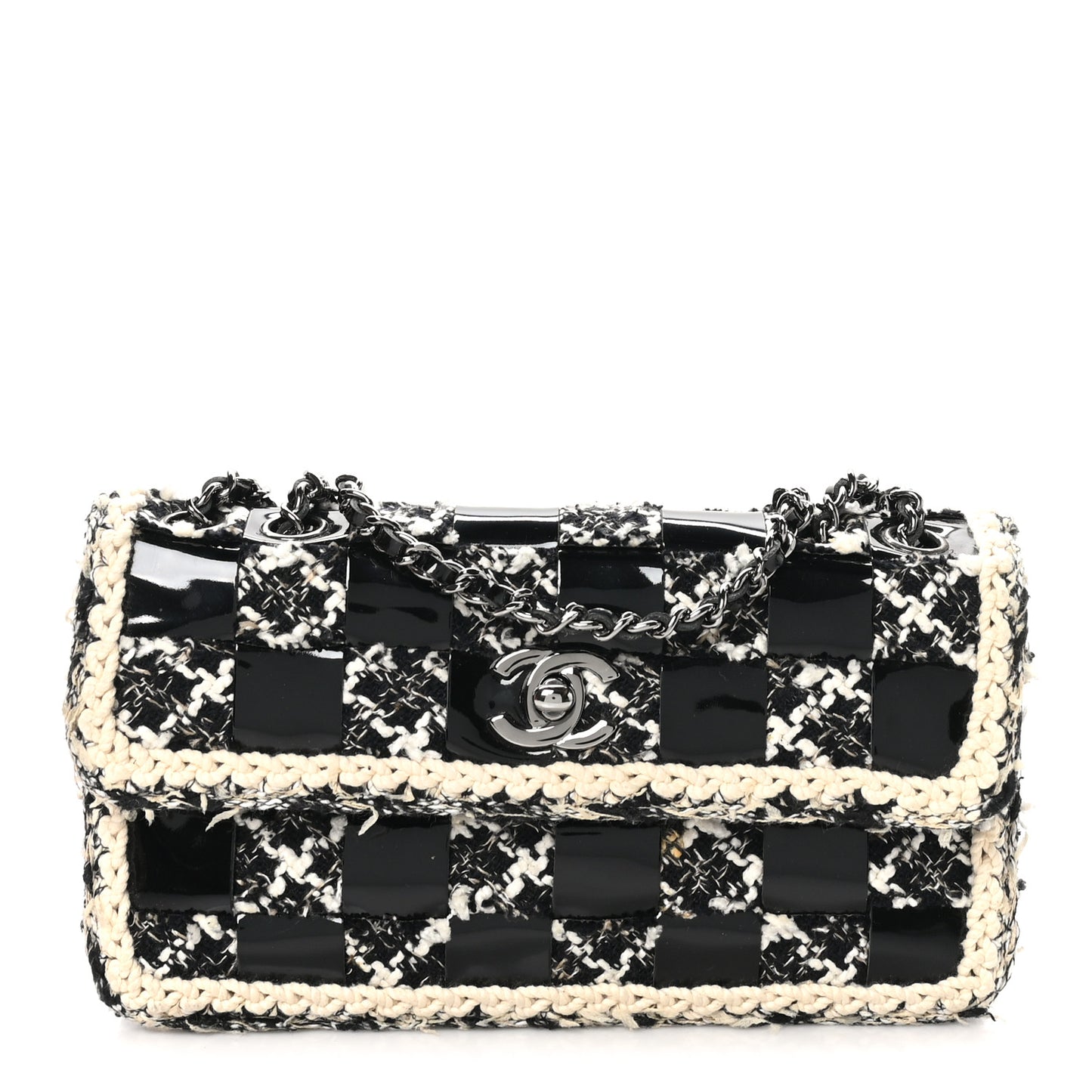 Tweed Patent Quilted Rectangular Flap Black White