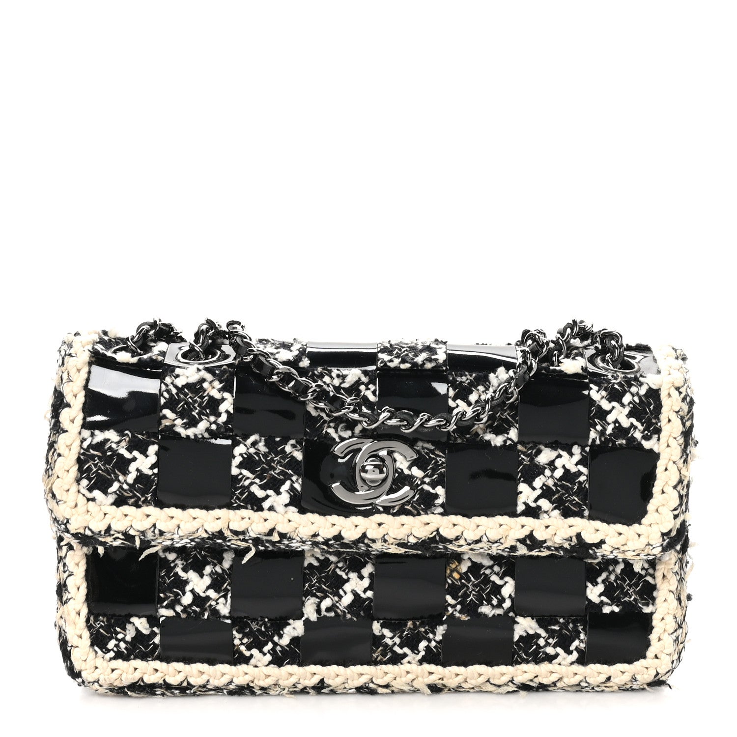 Chanel Tweed Patent Quilted Rectangular Flap Black White 1 of 9