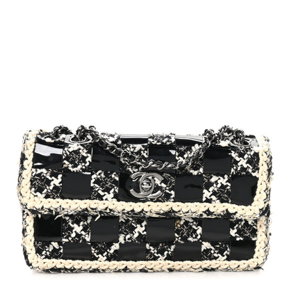 Chanel Tweed Patent Quilted Rectangular Flap Black White 1 of 9