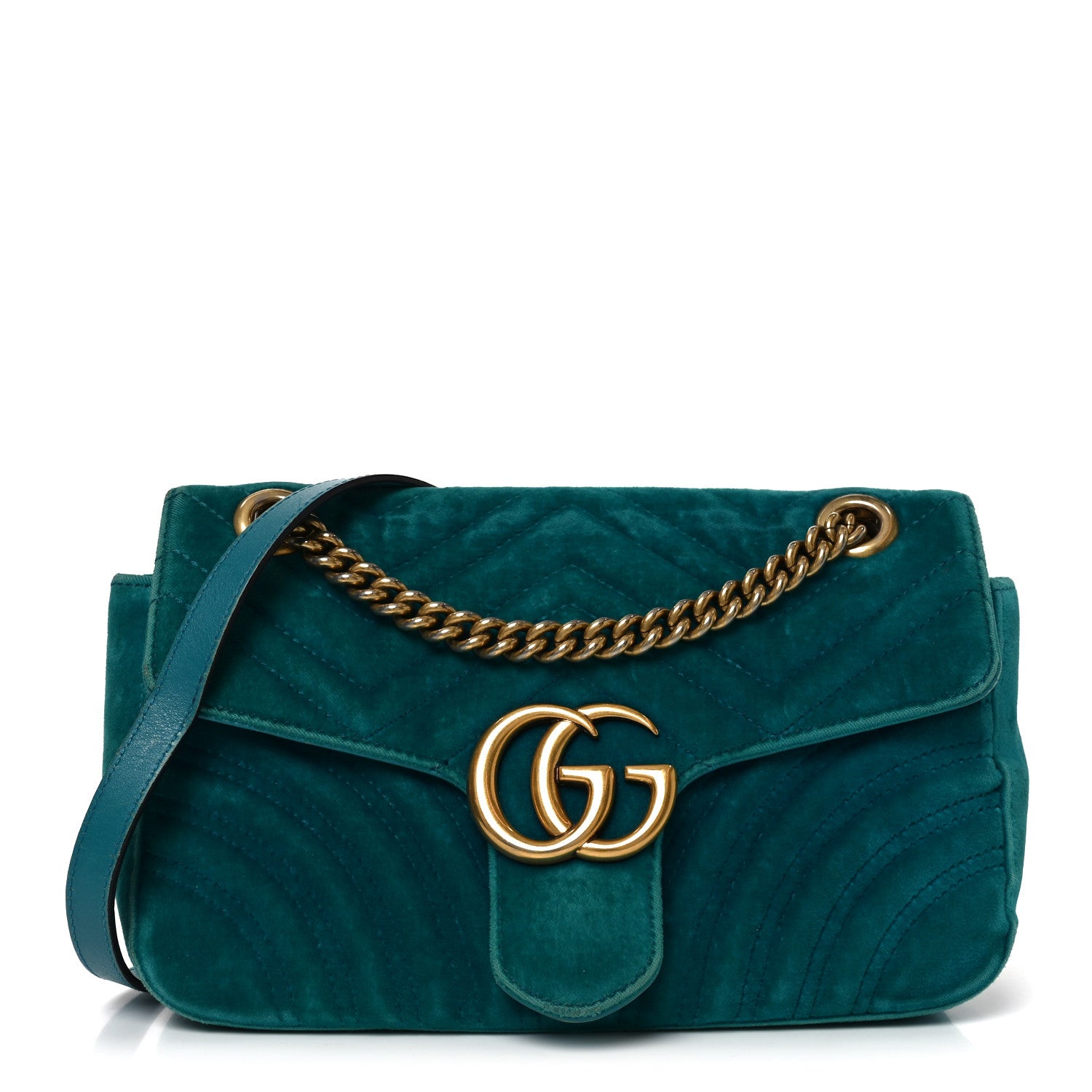 Gucci Velvet Matelasse Small GG Marmont Shoulder Bag Pavone Cyan 1 of 10