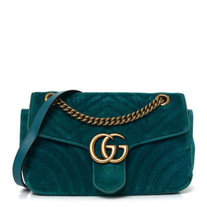 Gucci Velvet Matelasse Small GG Marmont Shoulder Bag Pavone Cyan 1 of 10