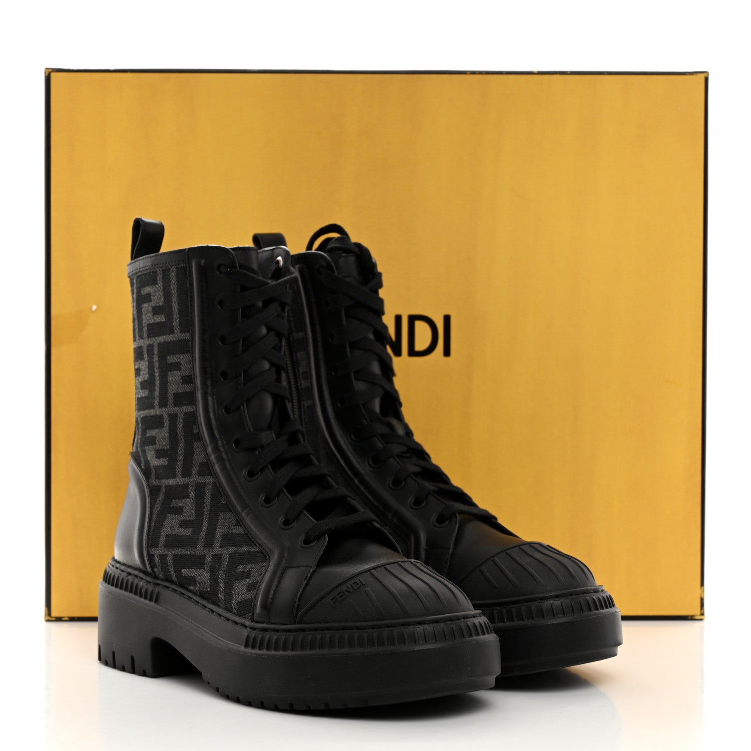 Fendi Fabric Jacquard Vitello FF Domino 50mm Biker Boots 35.5 Black Asfalto 9 of 9