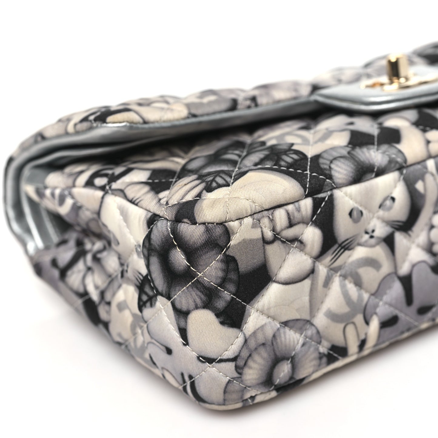 Nylon Quilted Medium Cat Emoticon Double Flap Navy Grey Ecru