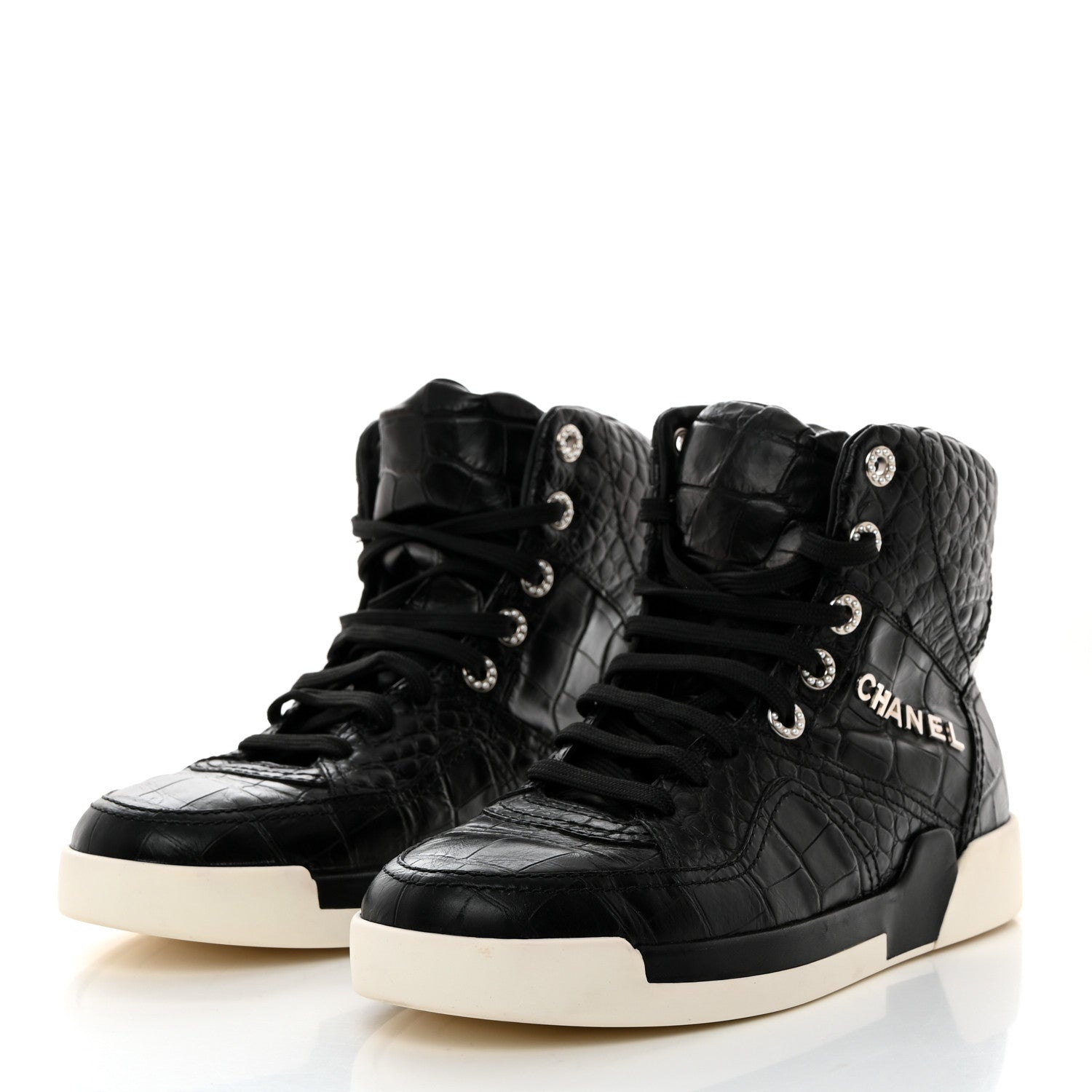 Chanel Calfskin Crocodile Embossed Cocodile High Top Sneakers 39.5 Black 3 of 8