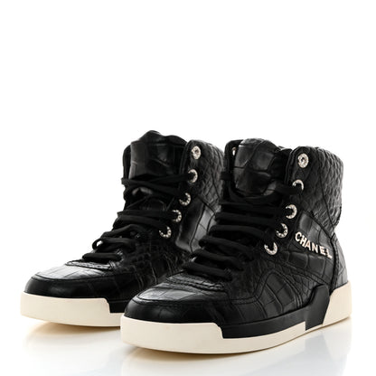 Chanel Calfskin Crocodile Embossed Cocodile High Top Sneakers 39.5 Black 3 of 8