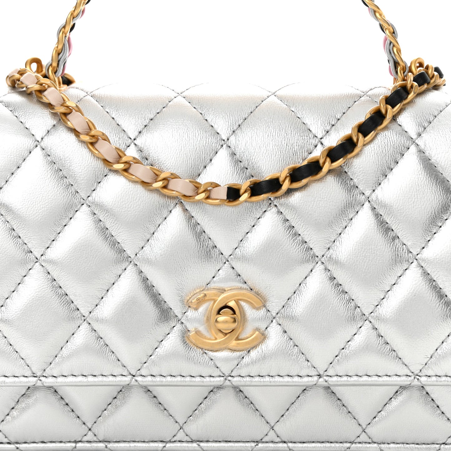 Metallic Calfskin Quilted Top Handle Wallet on Chain WOC Silver