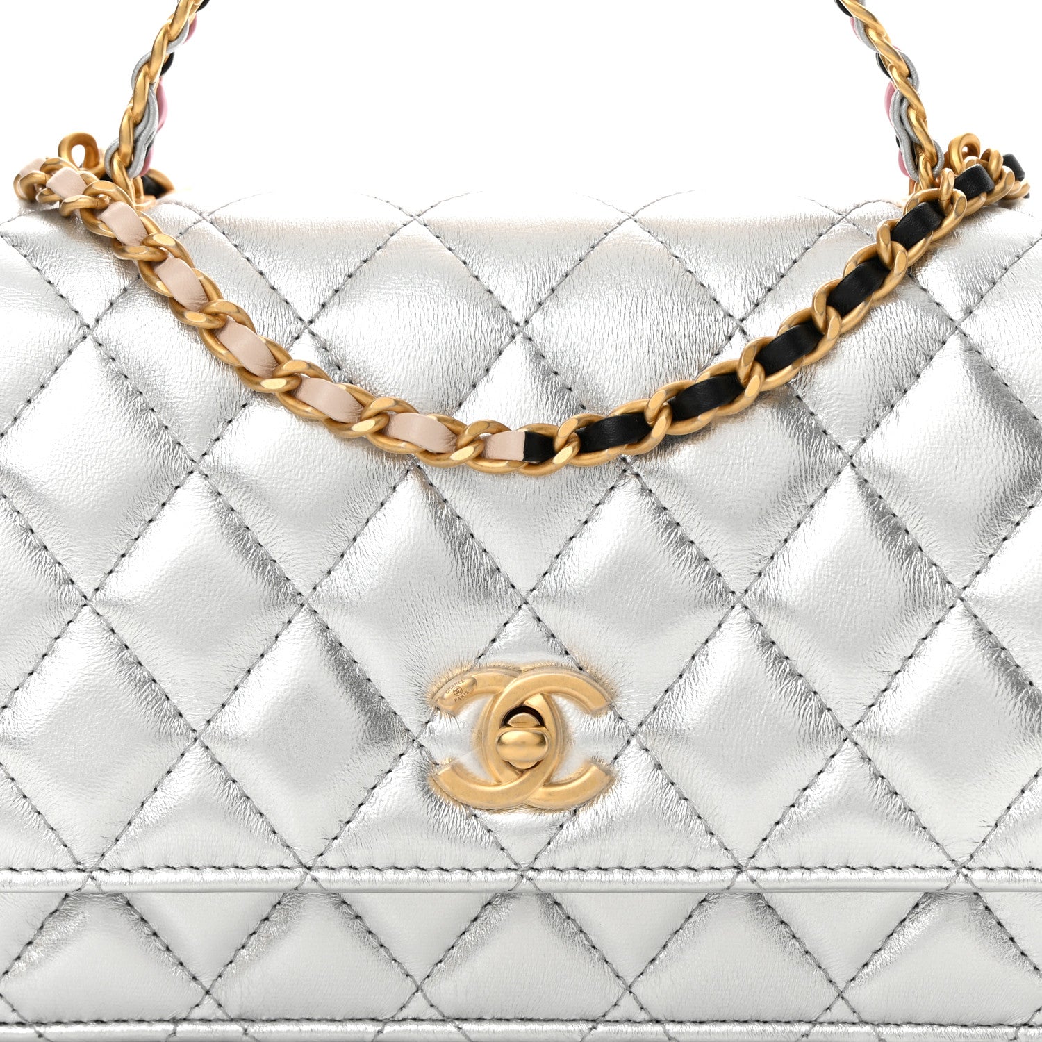 Chanel Metallic Calfskin Quilted Top Handle Wallet on Chain WOC Silver 9 of 14