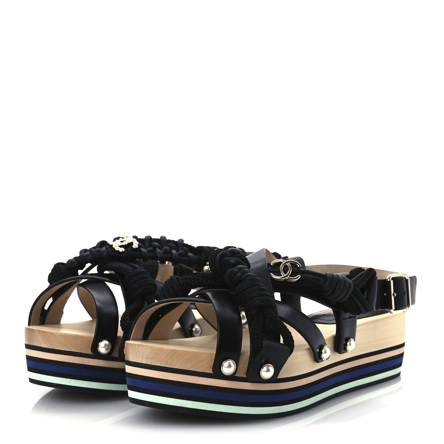 Chanel Calfskin Cord Pearl CC Sandals 38 Black 4 of 11